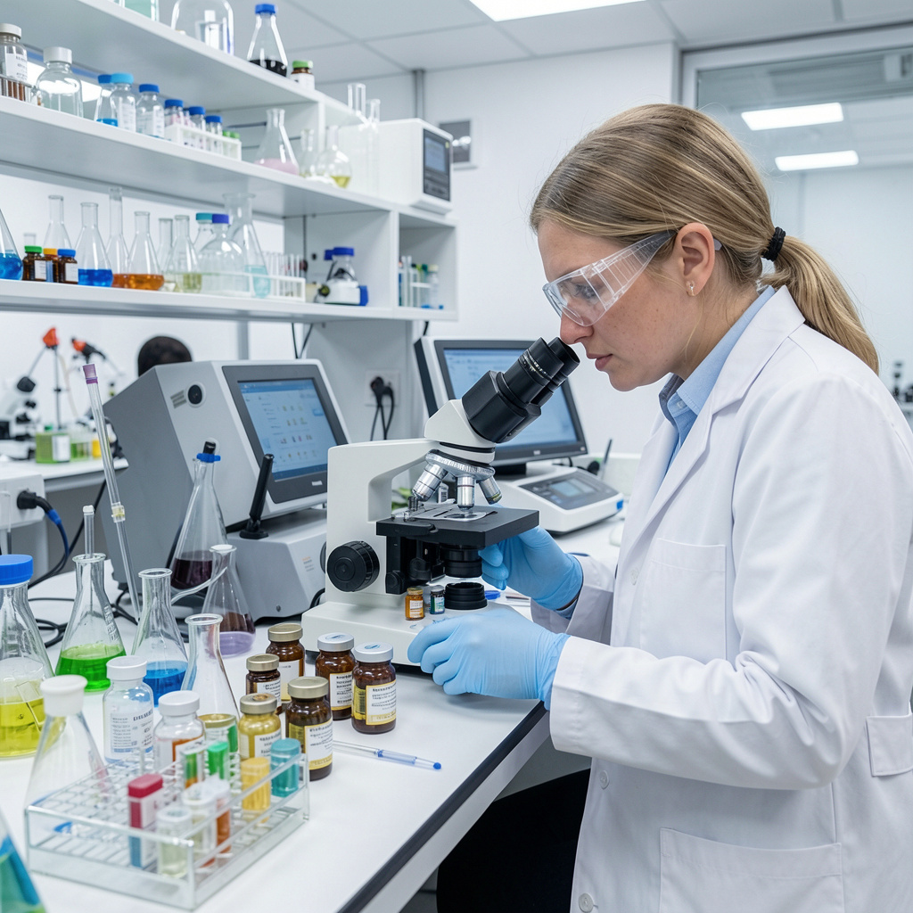 Modern laboratory with scientist examining supplement samples under microscope with testing equipment